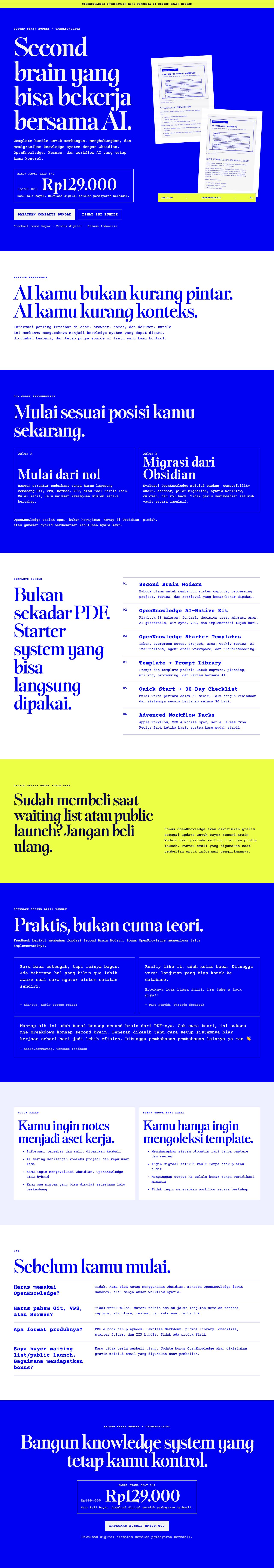Halaman produk publik Second Brain yang menampilkan bundle knowledge system dan jalur implementasinya.