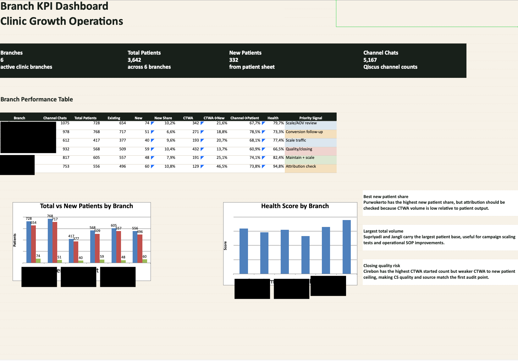 Anonymized branch KPI dashboard for leads and acquisition metrics across clinic branches.